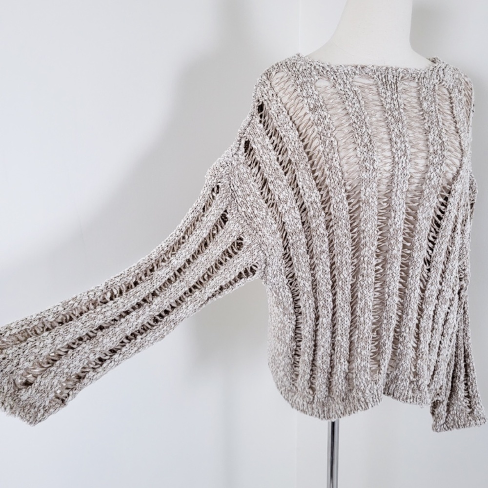 H&M cotton open knit crew neck long sleeve crop cropped beige crochet - Picture 5 of 9
